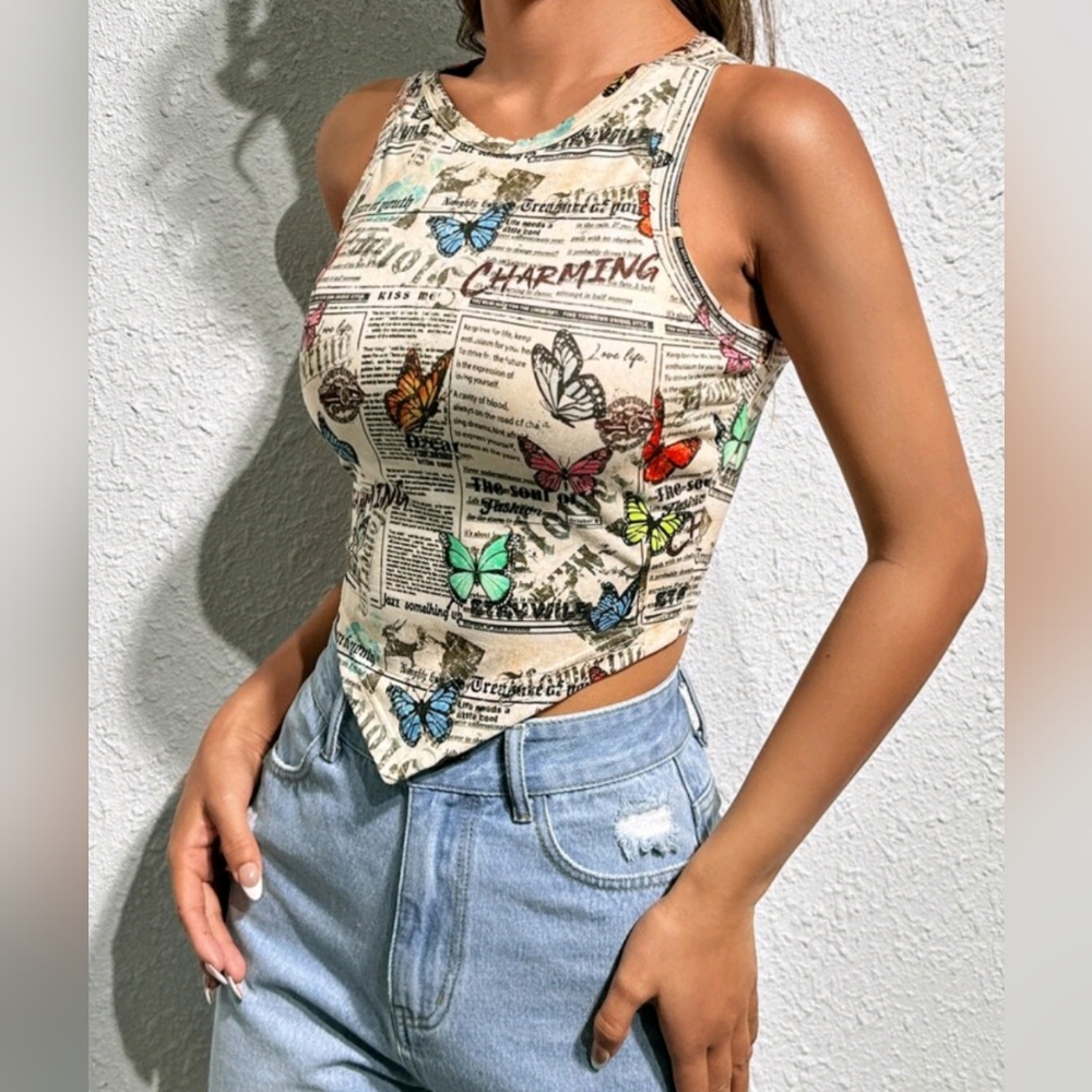 Butterfly Print Cropped Tank Top